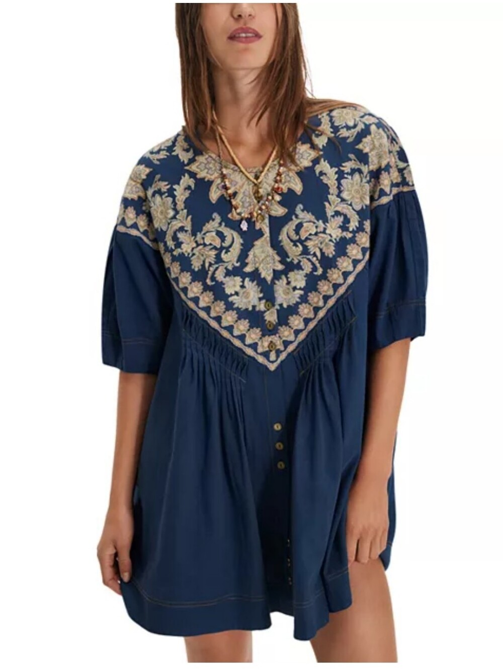 SALE--Free People Navy Tunic Dress with Cream Floral Embroidery
